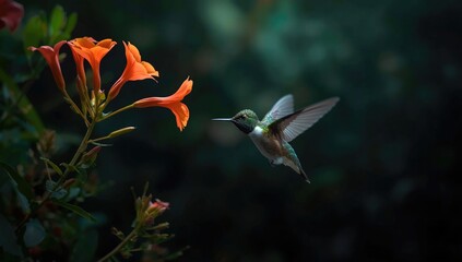 Fototapeta premium Vivid hummingbird flying while feeding on crocosmia nectar in dense tropical woodland habitat