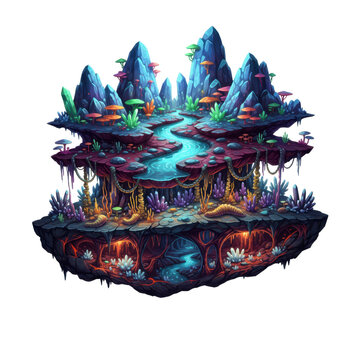 Fantasy Floating Island with Magical Glowing Crystals and River
