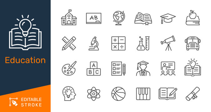 Education thin line icon collection for school learning, online knowledge and graduation student concept. Editable stroke. Pixel perfect.