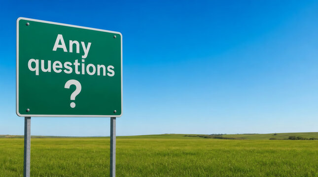professional any questions green road sign in serene blue sky lush green grass field business concept with ample copy space high quality photography vibrant colors modern bold font open depth conceptu