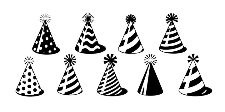 Party Hats Set with Black and White Patterns and Star Toppers Featuring Celebration, Festive, Event with Birthday and Anniversary Elements For