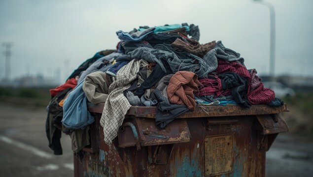 Heaping rubbish bin loaded with apparel showing impact of fashion on environment