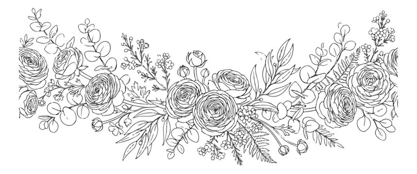 Hand drawn floral border vector, elegant black and white flower garland with roses and eucalyptus, botanical line art header for wedding invitations