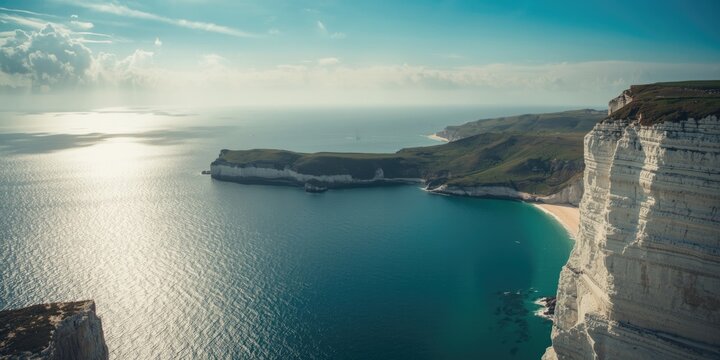 High altitude panoramic photo of chalk cliffs on an island within a gentle bay