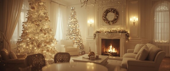 Obraz premium Holiday decorated white room showcasing Christmas tree, fireplace, and soft lighting