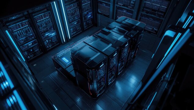 High angle photo of an advanced supercomputer environment in a modern data hub