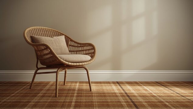 Stylish room d&Atilde;&copy;cor showcasing a wicker chair and plaid carpet with copy space on wall