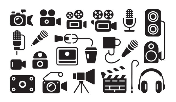 Graphic set of broadcast equipment including microphones speakers cameras and video tools.