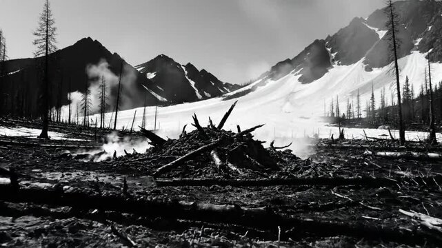 Black and white view of a mountain landscape with a smoky fire burning in the foreground