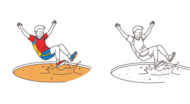 Long jump athlete boy jumping and landing in a sandpit. Vector illustration in full color and black outline coloring page style.