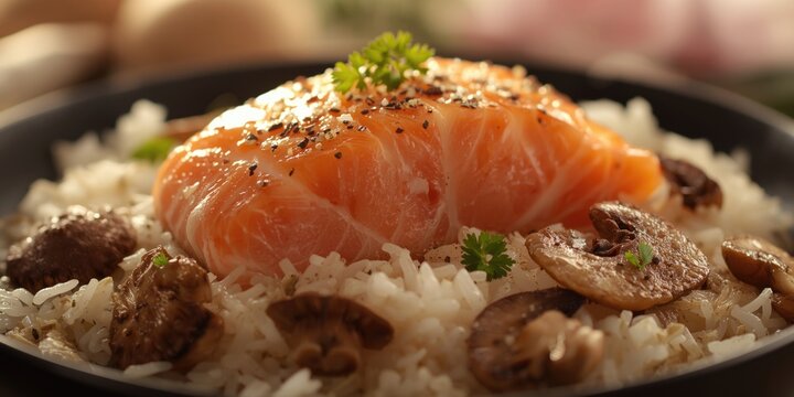 Light garlic fried rice with fresh salmon and maitake mushrooms