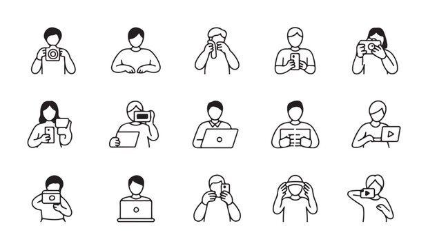 Line art icons of people interacting with digital devices laptops cameras and smartphones.
