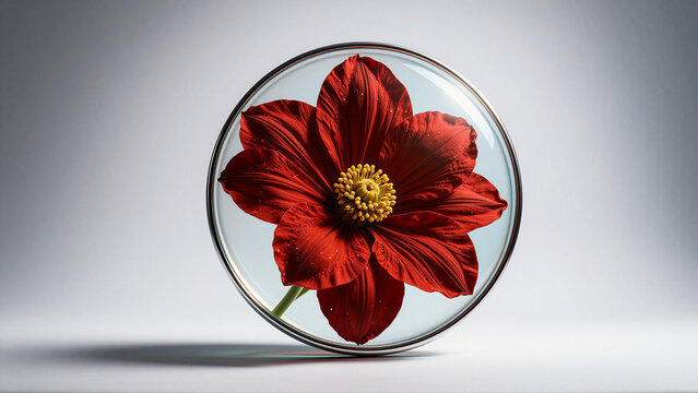 Red Dalia Flower Encapsulated in a Glass Sphere on Grey Background