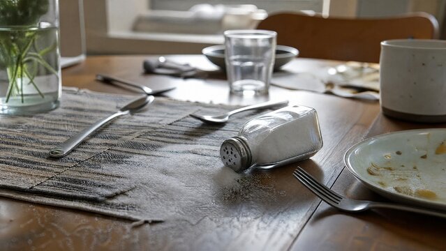 An overturned salt shaker on a dining table with scattered utensils in natural window light.