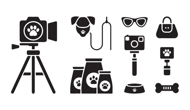Pet vlog equipment icon set with camera tripod food bowl and accessories black white style.