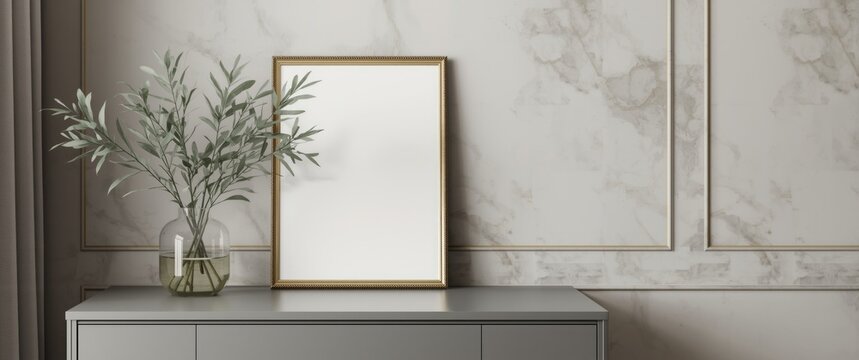 Modern apartment interior featuring artificial plant in glass vase alongside gold mirror frame on gray painted working table with marble wall and copy space