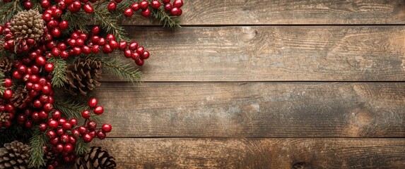Obraz premium Rustic wooden surface decorated with festive berry branches and clear copy space area