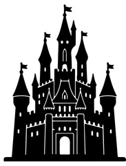Fototapeta premium Black Silhouette of a Fairytale Medieval Castle with Towers and Flags Isolated on Transparent Background