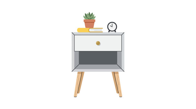 Modern Bedside Table with Succulent Plant, Books, and Alarm Clock