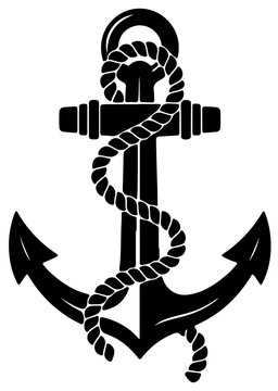 Black Nautical Anchor with Coiled Rope Silhouette Vector Illustration Isolated on Transparent Background