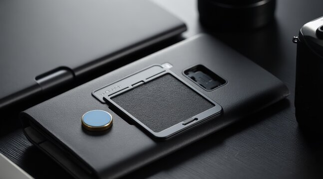 Close-up of business folder with embedded NFC chip on desk