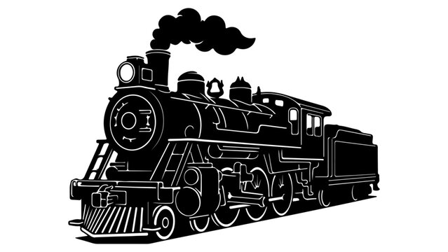 Vintage Steam Locomotive Train Illustration Isolated on Transparent Background Black and White Vector Retro Engine Silhouette