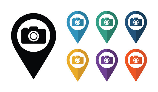 Colorful map pointer icons with camera symbol for photography locations and tourist spots.