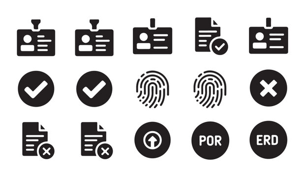 Identification document, check mark, fingerprint, cross mark icons set on white background.