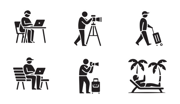 Collection of black icons showing people working, traveling and relaxing in different settings.