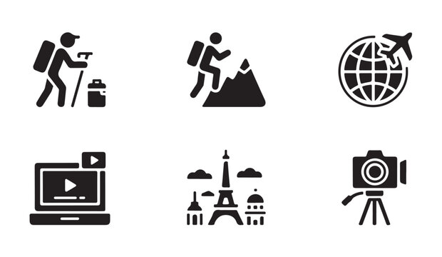 Travel and adventure icons showing backpackers trekking and exploring global landmarks.