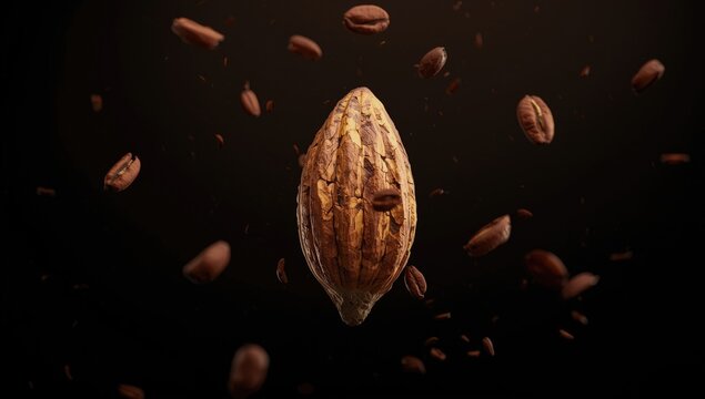 Levitation style image of cracked cocoa pod and beans flying above