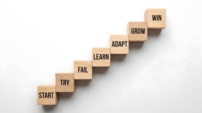 Success Journey with Wooden Blocks Staircase | Start Try Fail Learn Adapt Grow Win Concept | Business Growth Strategy and Personal Development | Path to Victory and Achievement | Progress Steps