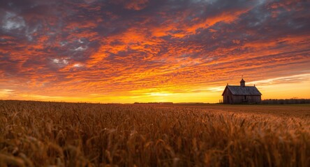 Obraz premium Peaceful countryside scene with golden wheat meadow and rustic chapel beneath a vibrant sunset sky