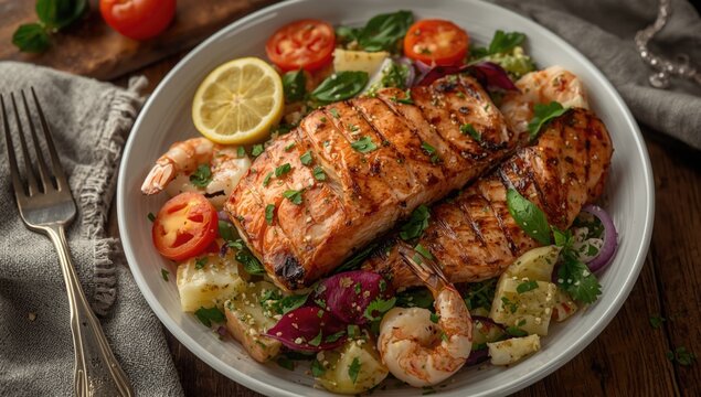 Wholesome Mediterranean flexitarian dish with grilled salmon shrimp and a variety of vitamin dense vegetables