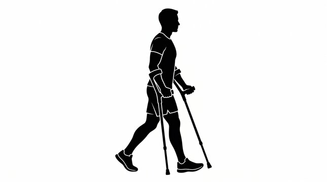 Silhouette of a Person Walking With Crutches on White Background