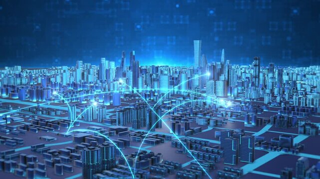 Technology city connection, futuristic smart city skyline is interconnected by glowing blue data lines, set against a digital lines background, symbolizing urban connectivity and smart infrastructure.