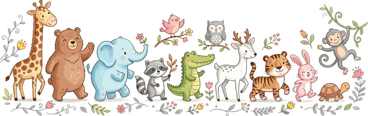 Cute Cartoon Wild Animal Border Vector Set with Giraffe Bear Elephant Raccoon Crocodile Deer Tiger and Monkey for Children Room Wall Decals © Rownok