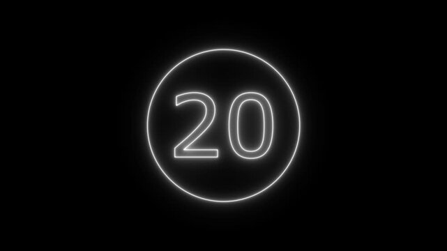 Neon glowing countdown timer circle animation with decreasing numbers on black background.25 seconds circle countdown timer animation from 25 to 0 seconds on black background.
