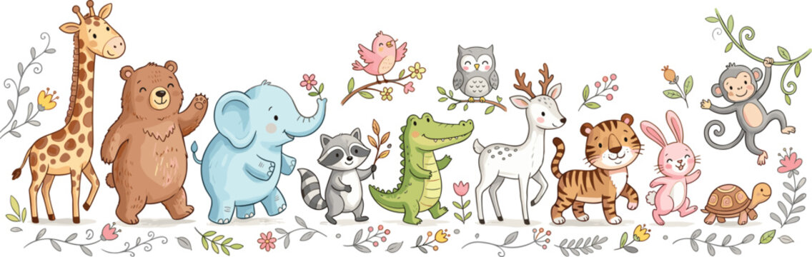 Cute Cartoon Wild Animal Border Vector Set with Giraffe Bear Elephant Raccoon Crocodile Deer Tiger and Monkey for Children Room Wall Decals
