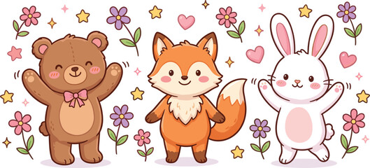 Naklejka premium Cute Kawaii Woodland Animal Vector Illustration with Teddy Bear, Orange Fox, White Rabbit, Spring Flowers, Hearts, and Sparkle Stars for Nursery Decor