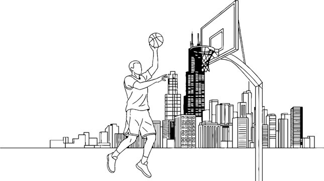Dynamic basketball player dunking in urban setting illustration.