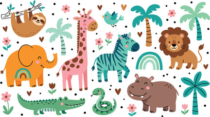 Fototapeta premium Cute Jungle Safari Animal Clipart Vector Set with Lion, Elephant, Giraffe, Zebra, Hippo, Crocodile, Sloth, and Palm Trees for Children Nursery Designs