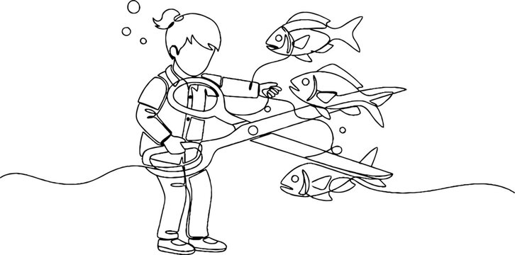 Child Playing Imaginative Fishing Game Underwater Scene.