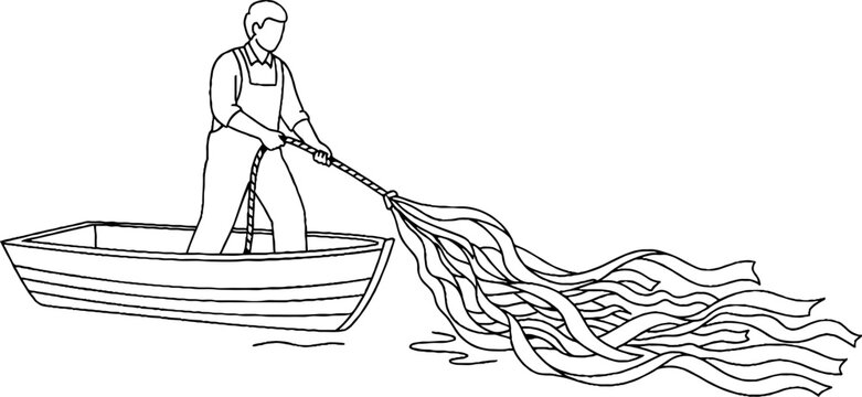 Fisherman pulling large fishing net from small boat.