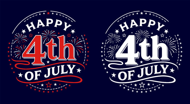 Happy 4th of July Round Vector Typography Design with Exploding Fireworks American Independence Day Patriotic Circular Badge Graphic for T-Shirt Print