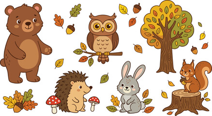 Naklejka premium Cute Autumn Woodland Forest Animal Vector Clipart Set with Bear, Owl, Hedgehog, Bunny, Squirrel, Tree, and Fall Leaves for Kids Nursery Designs