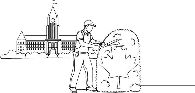 Construction worker carving large maple leaf design outdoors.