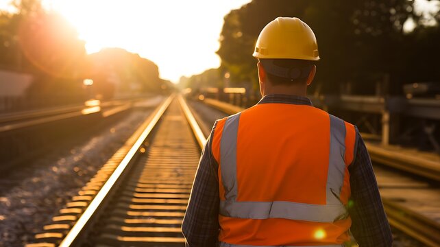 Railway worker standing beside train tracks during sunset inspection