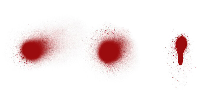 Horizontal red spray paint dots and liquid drip splatters on transparent background representing graffiti art elements and aerosol stains.