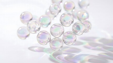 Fototapeta premium Abstract arrangement of iridescent glass spheres with light reflections on a white background